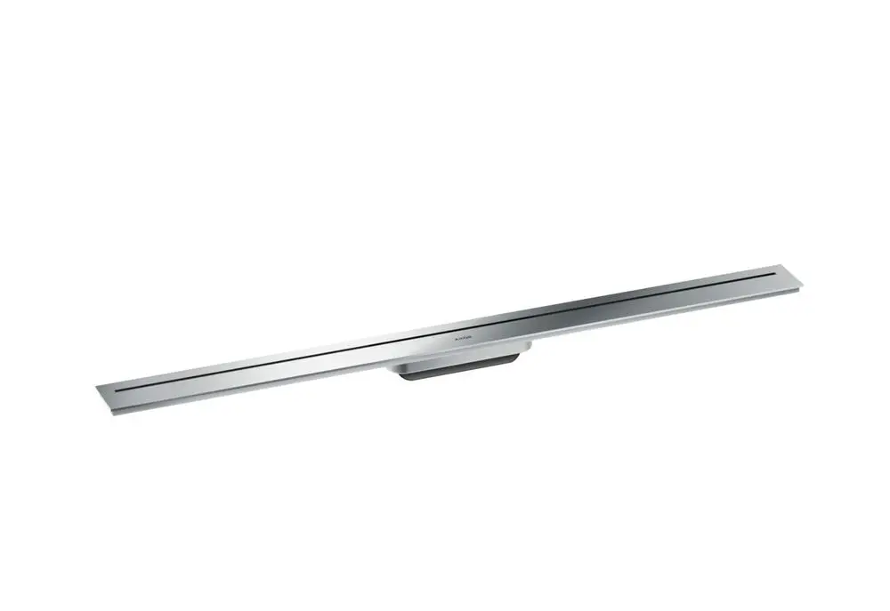 Lange, schmale Duschrinne in Chrom-Finish von AXOR, mit modernem Design und zwei schmalen Ablaufschlitzen, zur Verwendung in Duschanlagen.